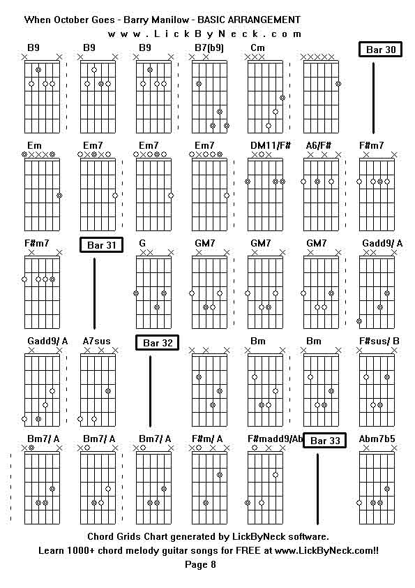 Chord Grids Chart of chord melody fingerstyle guitar song-When October Goes - Barry Manilow - BASIC ARRANGEMENT,generated by LickByNeck software.